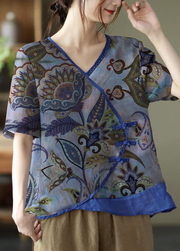 Simple grey Print Ramie Oriental Summer Tops