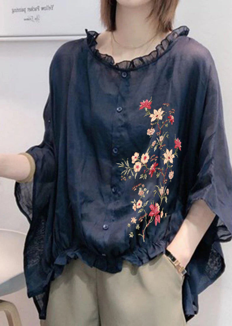 Art Navy-flower Tops Ruffles Trim Half Sleeve Shirts Blouse Plus Size