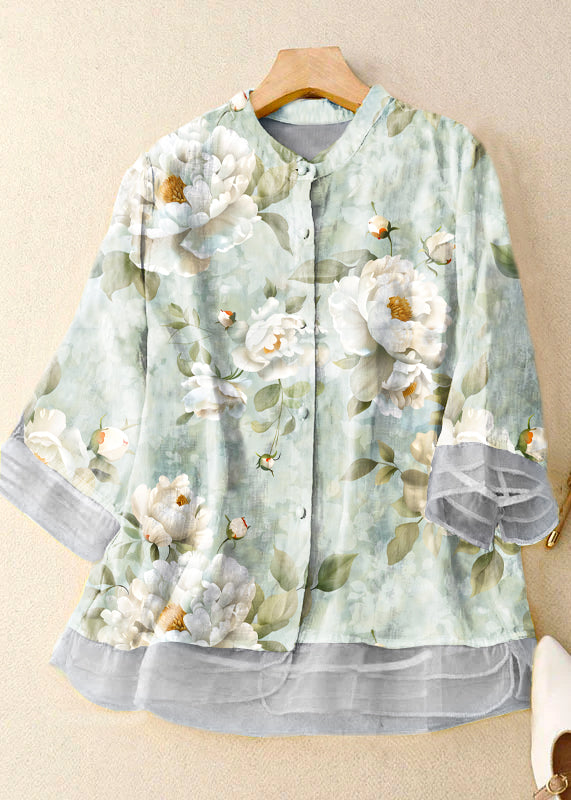 Vintage Blue flower Stand Collar Embroidered Patchwork Cotton Shirts Bracelet Sleeve