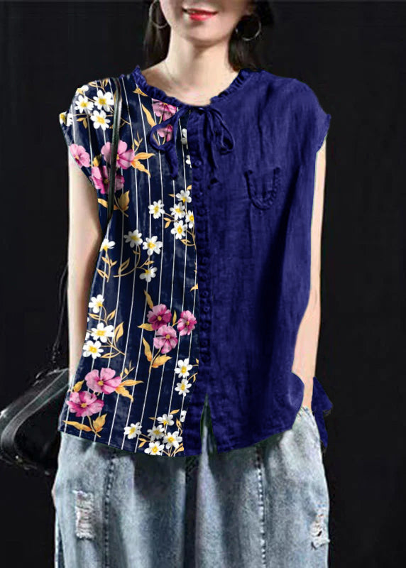 Organic Blackish Blue flower Patchwork Ruffled Top Short Sleeve