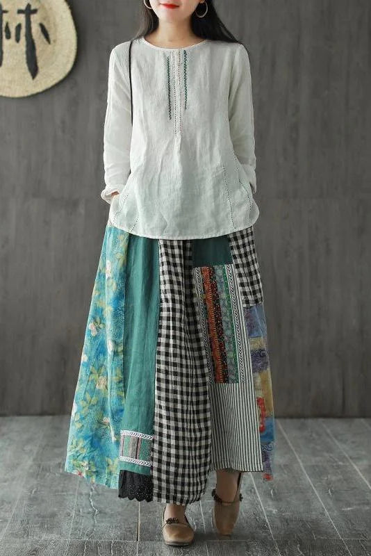 Casual 100% linen A-line skirt with irregular print stitching