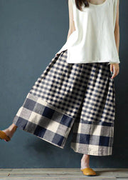 Blue plaid Chunxin original design cotton and linen wide-leg pants