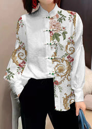 Chinese Style green bamboo Stand Collar Button Jacquard Silk Blouse Tops lantern sleeve