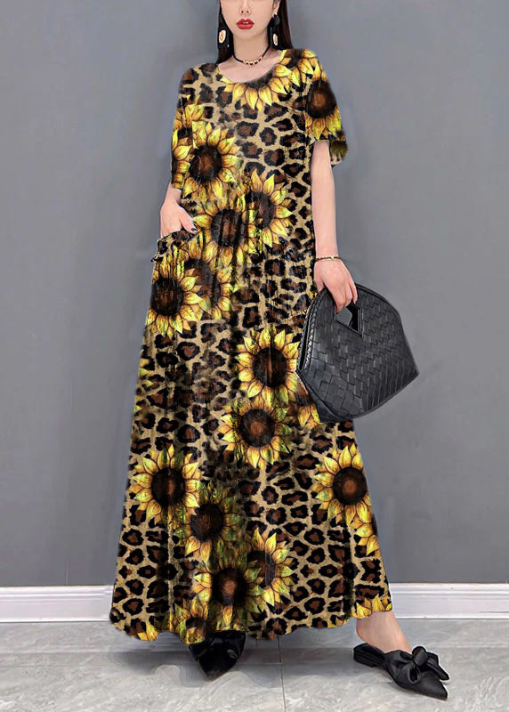 Beautiful Black O-Neck Print Pockets Long Dresses Short Sleeve