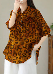 Italian Yellow-leopard print Peter Pan Collar Print Patchwork Cotton Blouses Summer