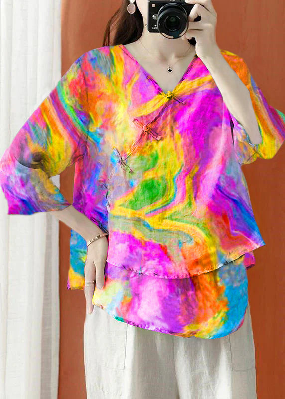 Beautiful Purple Asymmetrical Print Linen Blouses Half Sleeve