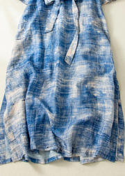 Grace Blue Tie Dye Side Open Tie Waist Linen Long Dresses Summer