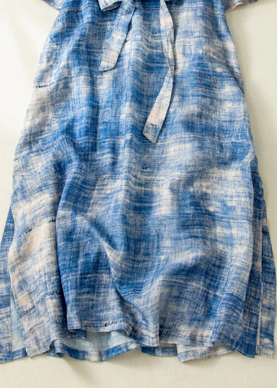 Grace Blue Tie Dye Side Open Tie Waist Linen Long Dresses Summer