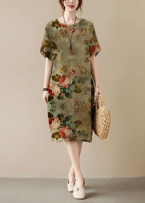 Classy Green-flower Print O-Neck Pockets Summer Maxi Dresses Half Sleeve