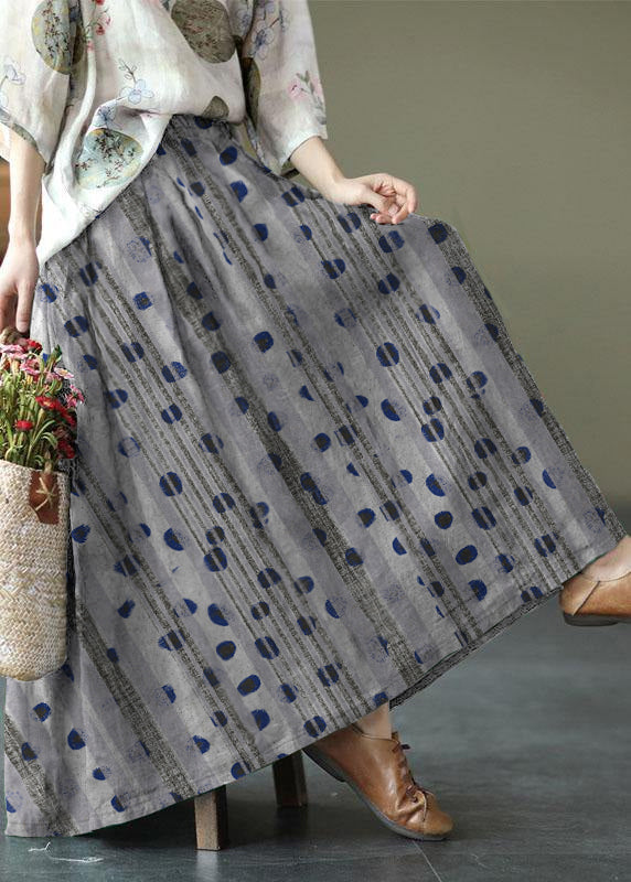 Women blue stripes Print Ramie Elastic Waist Skirt