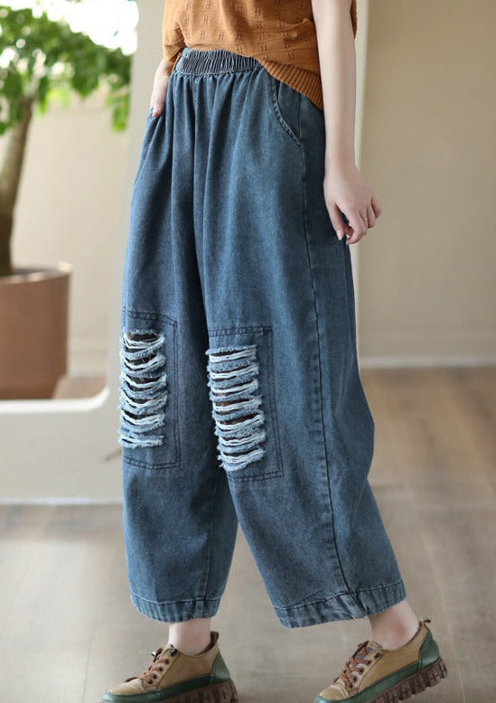 Loose Hollow Elasticity Denim Harem Pants