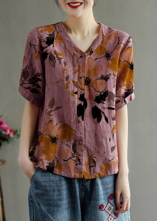 Loose Pink-flower V Neck Embroideried Floral Summer Linen Shirt