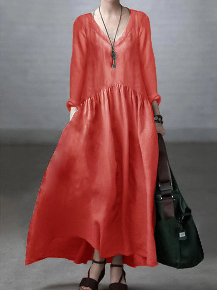 Red Simple and Loose V-neck Cotton and Linen Dress