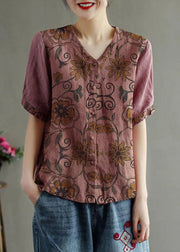 Loose Blue-four flowers V Neck Embroideried Floral Summer Linen Shirt