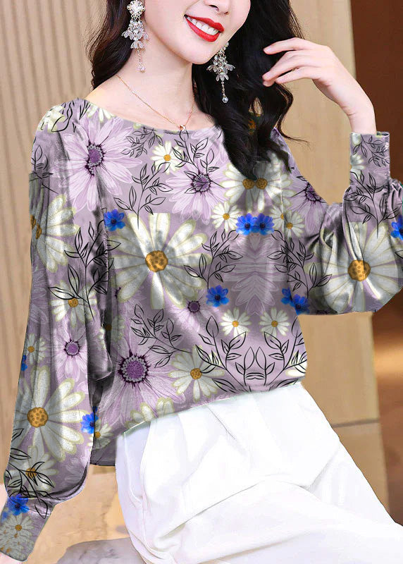 Plus Size Green O-Neck Butterfly Print Silk Blouse Tops Long Sleeve