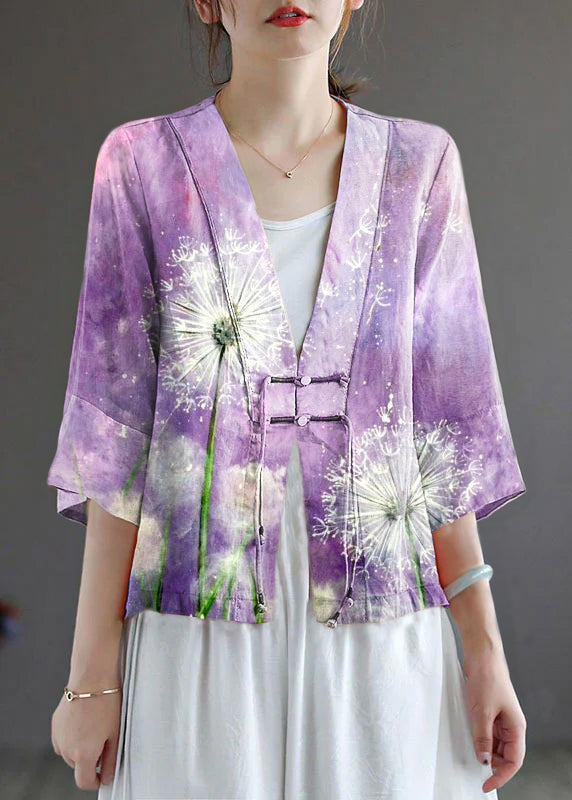 Handmade Purple flowers Deep V Neck Patchwork Cotton Linen Shirt Bracelet Sleeve