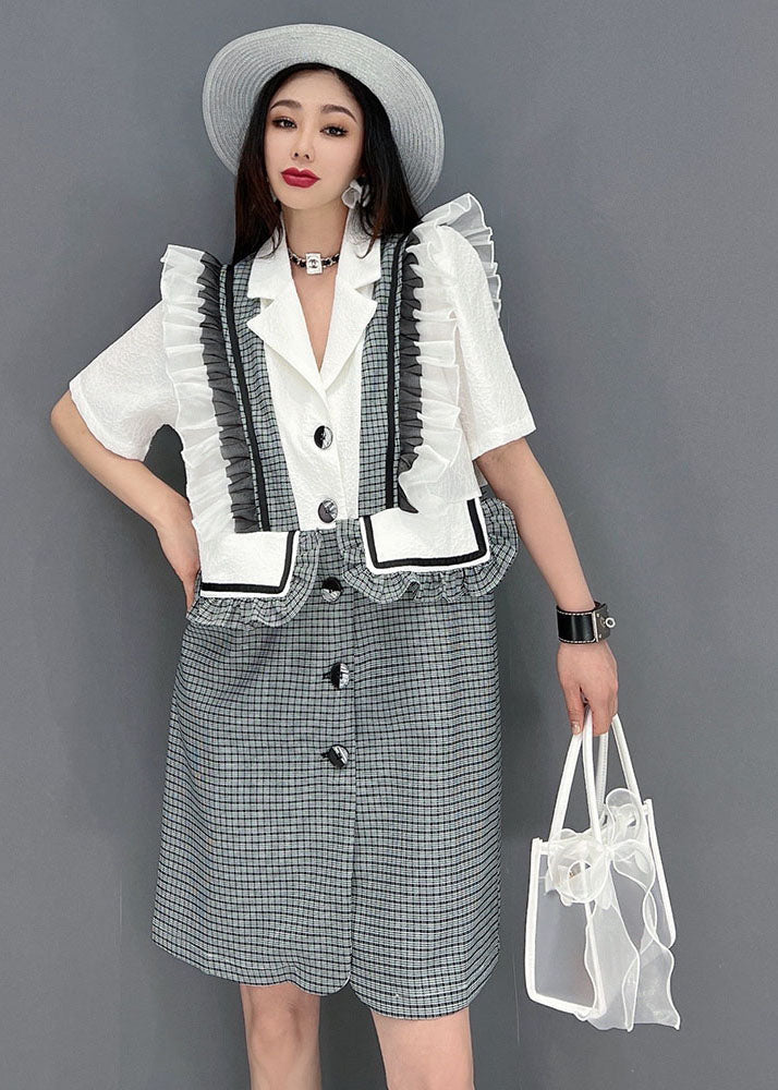 diy Grey Notched Collar Ruffled Patchwork Plaid Maxi Dresses Short Sleeve