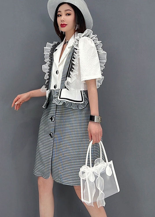 diy Grey Notched Collar Ruffled Patchwork Plaid Maxi Dresses Short Sleeve