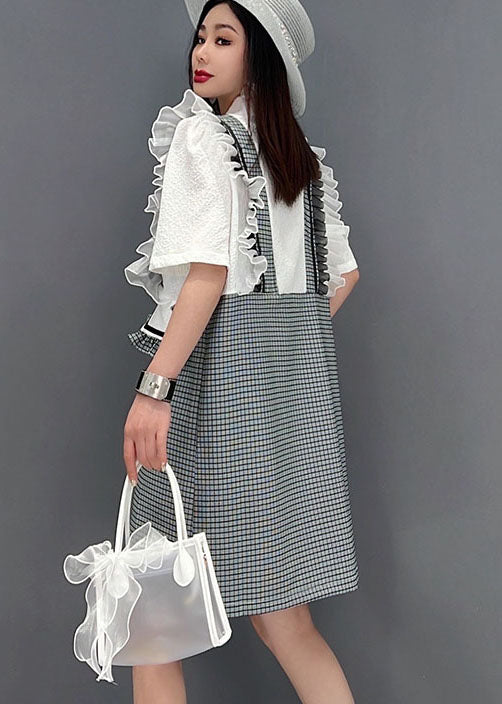 diy Grey Notched Collar Ruffled Patchwork Plaid Maxi Dresses Short Sleeve