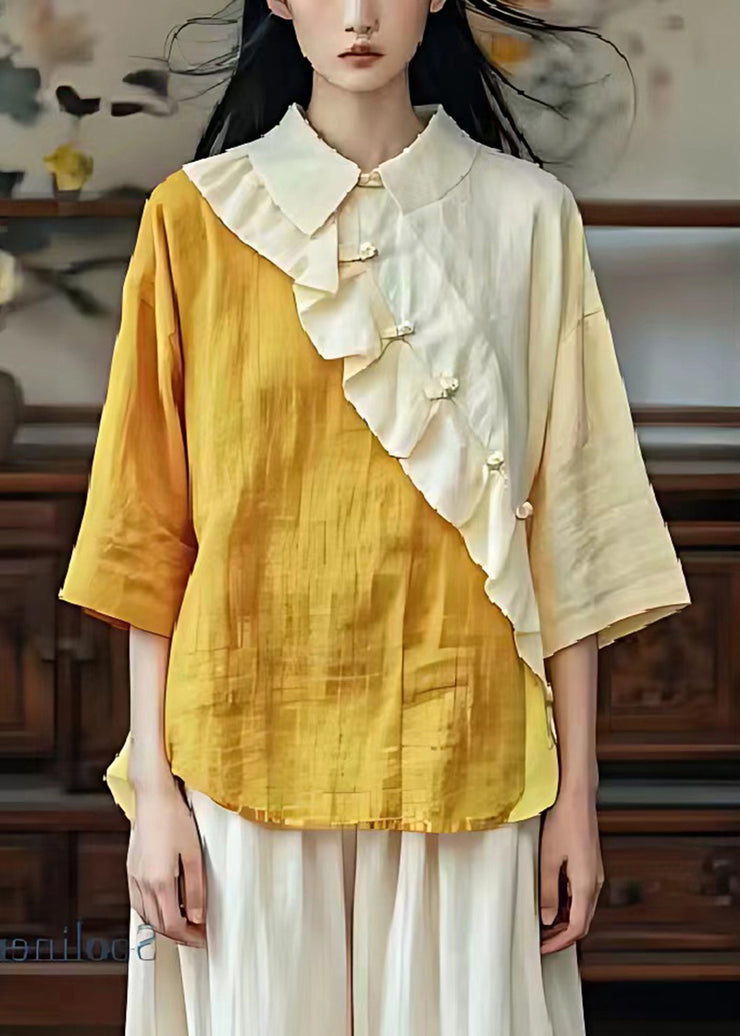 diy Yellow Ruffled Patchwork Linen Blouse Top Half Sleeve