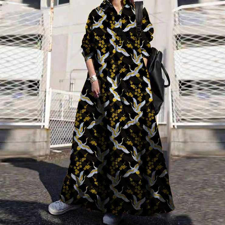 Women Retro Floral Print Lapel Bohemian Loose Long Sleeve Maxi Shirt Dress With Pocket