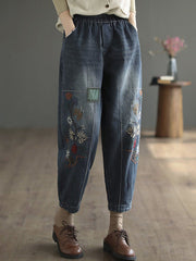 Casual Loose Embroidered Elasticity Harem Denim Pants