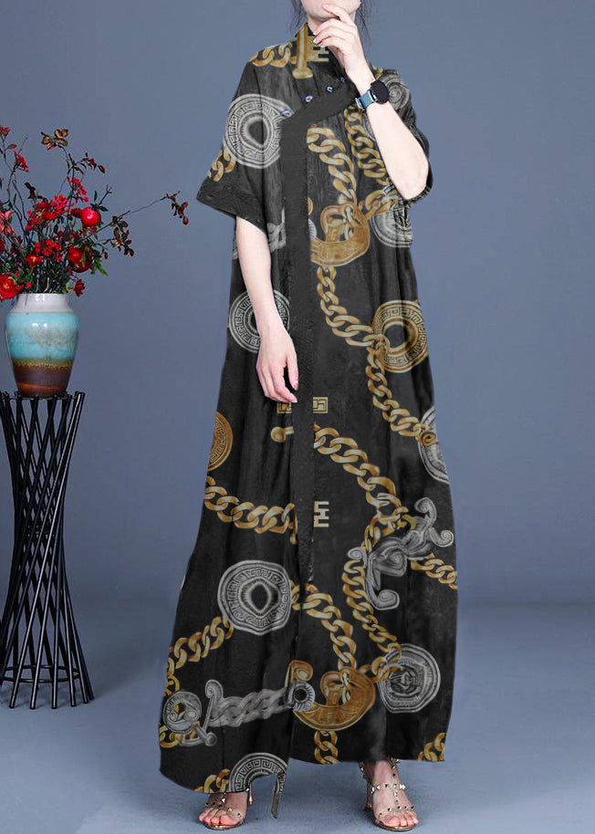 Classy Blue Print Patchwork Oriental Long Dress Summer