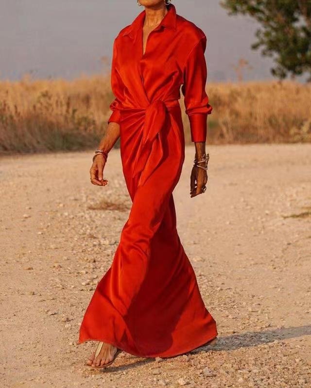 Red Satin Wrap Shirt Maxi Dress