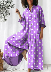 Loose Purple polka dots Peter Pan Collar Button Pockets Linen Jumpsuits Long Sleeve