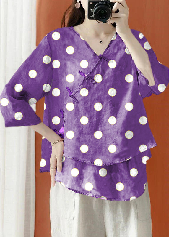 Beautiful Color Asymmetrical Print Linen Blouses Half Sleeve