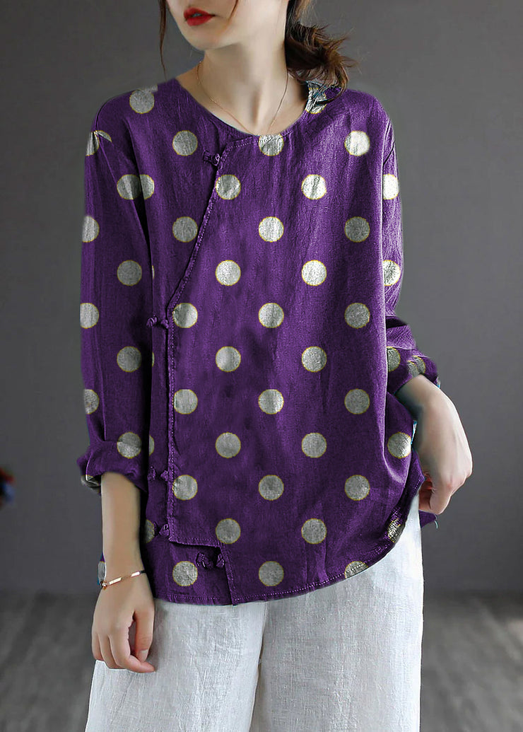 Blue Loose Linen Shirt Tops Embroideried Long Sleeve