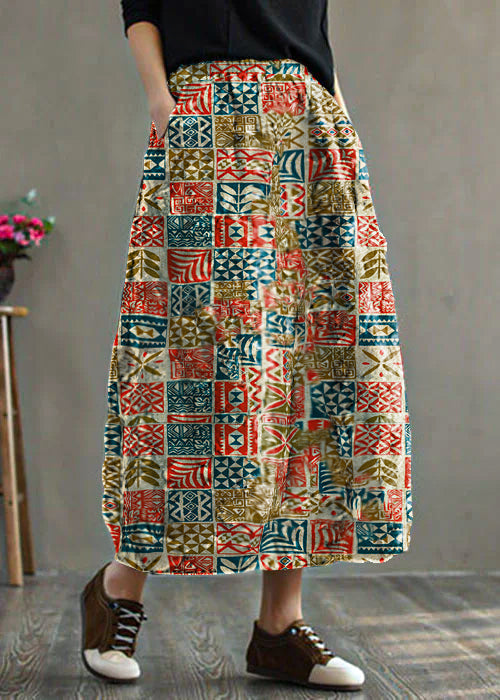 Women Geometry Elastic Waist Patchwork Print Fine Cotton Filled Skirt Winter