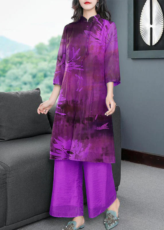 Modern Purple-landscape Embroideried Side Open Silk Two Piece Set Bracelet Sleeve