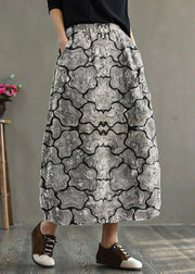 Women Grey-floral Elastic Waist Patchwork Print Fine Cotton Filled Skirt Winter