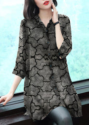 Stylish Black Peter Pan Collar Button Print Chiffon Shirt Tops Summer