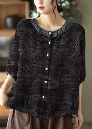 Simple Reddish black O Neck Patchwork Print Linen Shirt Tops Half Sleeve