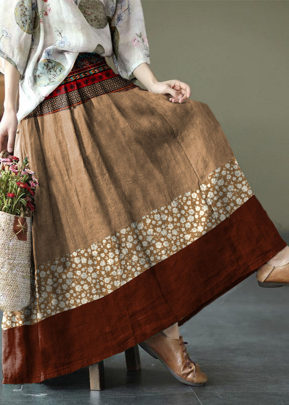 Women Brown flower Ramie Elastic Waist Skirt