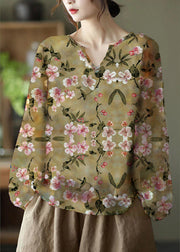 Handmade Apricot V Neck Casual Floral Fall Blouse Long sleeve