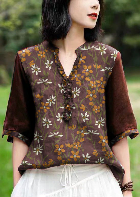 Unique Pure Green V Neck Embroidered Patchwork Linen T Shirts Half Sleeve