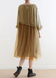 French Khaki Holiday Tulle Silk Maxi Dress Summer