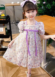 light Purple Print Patchwork Tulle Baby Girls Dress Wrinkled Summer