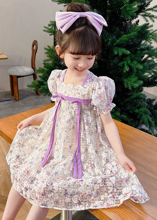 light Purple Print Patchwork Tulle Baby Girls Dress Wrinkled Summer