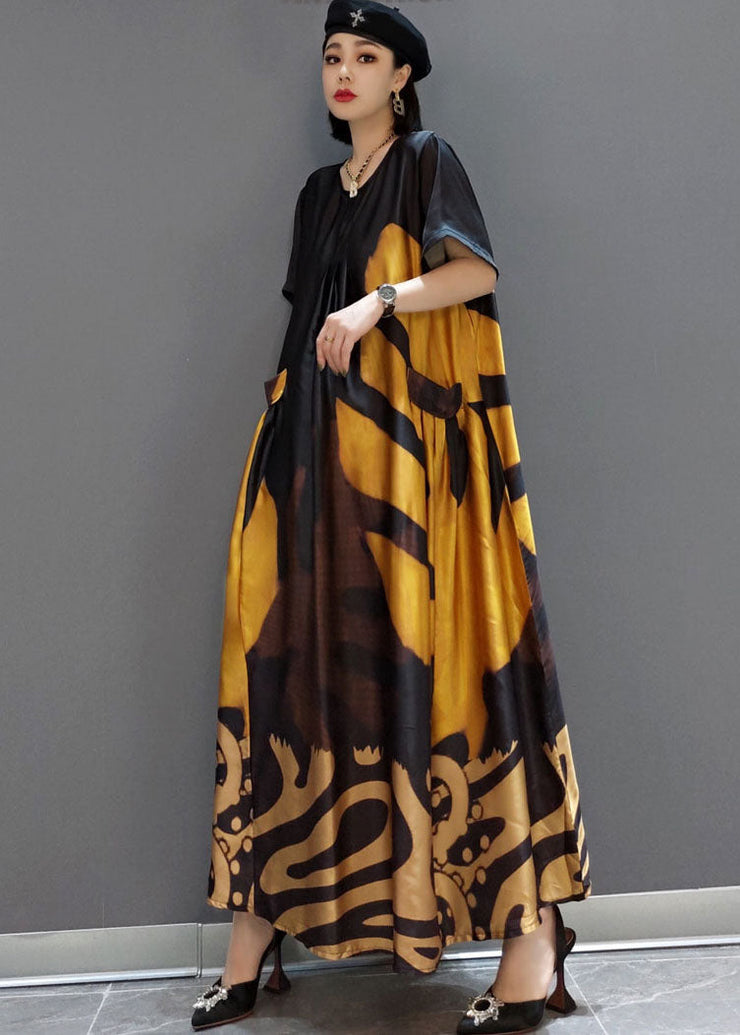 loose black-hem flower O-Neck Print Satin Maxi Dress Summer