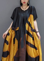 loose black-flower O-Neck Print Satin Maxi Dress Summer