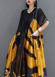 loose black-flowers and birds O-Neck Print Satin Maxi Dress Summer