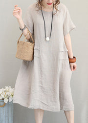 fine beige linen dress casual linen clothing dresses women o neck patchwork cotton dress