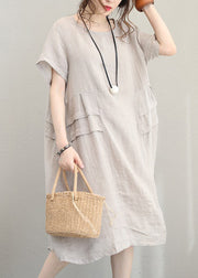 fine beige linen dress casual linen clothing dresses women o neck patchwork cotton dress