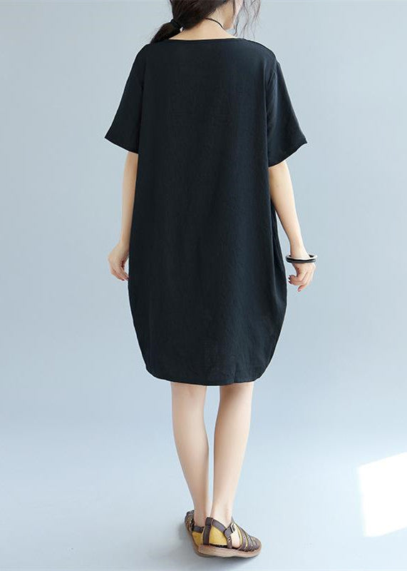 fine black -print2 patchwork linen shift dress Loose fitting cotton clothing dress Elegant short sleeve wild prints knee dresses