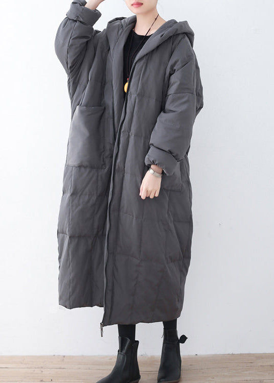 Limited Stock-Grauer warmer Daunenmantel Plus Size Parka dicker Maxi Cardigan mit Kapuze