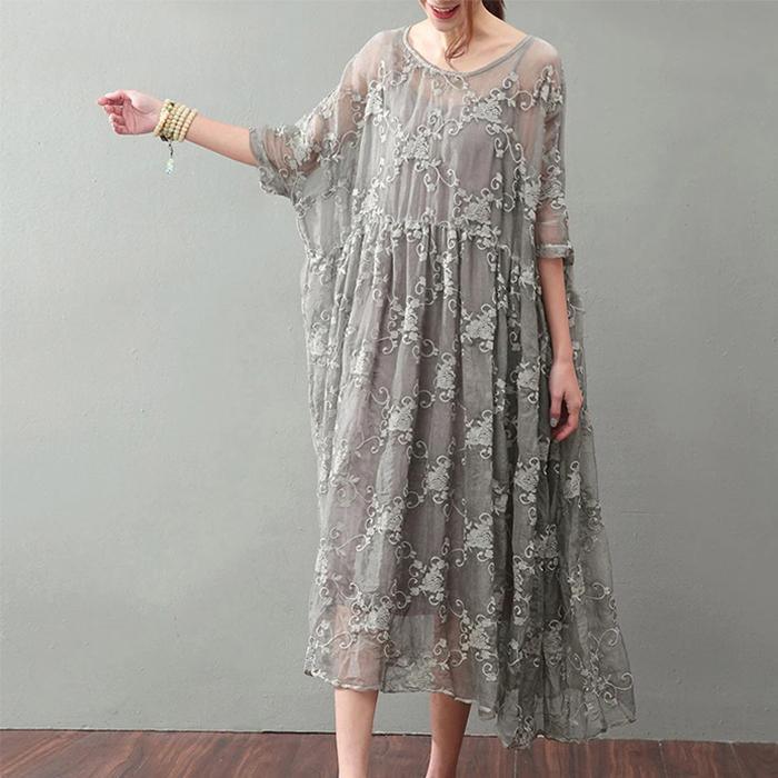 Vintage Gray Silk Maxi Dress Trendy Plus Size Lace Gown Top Quality Bracelet Sleeved Gown - Omychic